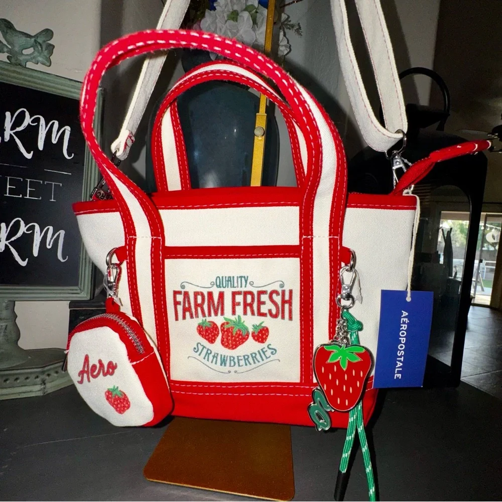 Aeropostale Red & White Farm Fresh Tote crossbody Bag w coin purse & charms NWT - Picture 14 of 16
